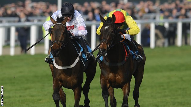 Garry Geraghty Rides Finians Rainbow to victory over Sizing Europe in the Queen Mother Champion Chase at Cheltenham